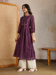 Women Bandhani Print Puff Sleeves Gotta Patti Anarkali Kurta