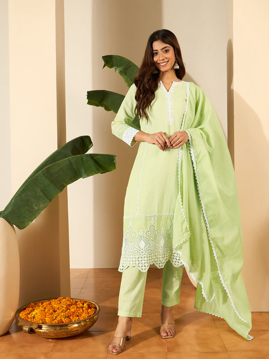 Women Cotton Blend Thread Work Kurta Set With Trousers & Dupatta