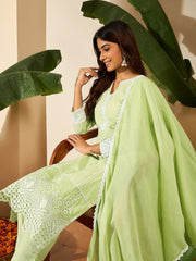 Women Cotton Blend Thread Work Kurta Set With Trousers & Dupatta