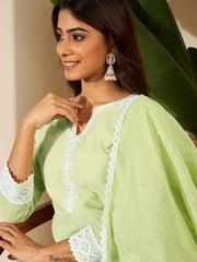 Women Cotton Blend Thread Work Kurta Set With Trousers & Dupatta