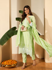 Women Cotton Blend Thread Work Kurta Set With Trousers & Dupatta