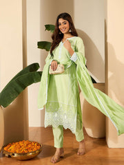 Women Cotton Blend Thread Work Kurta Set With Trousers & Dupatta