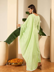 Women Cotton Blend Thread Work Kurta Set With Trousers & Dupatta