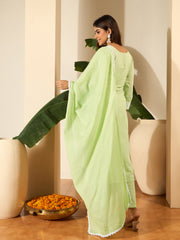 Women Cotton Blend Thread Work Kurta Set With Trousers & Dupatta