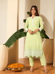 Women Cotton Blend Thread Work Kurta Set With Trousers & Dupatta