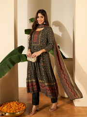 Women Floral Printed Regular Thread Work Kurta with Trousers & With Dupatta