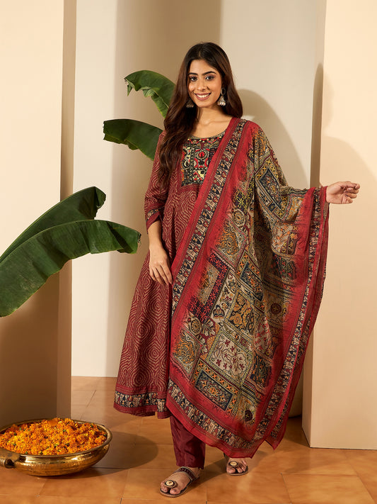 Women Bandhni Printed and Thread Embroidered Anarkali Kurta Set with Dupatta