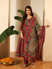 Women Bandhni Printed and Thread Embroidered Anarkali Kurta Set with Dupatta