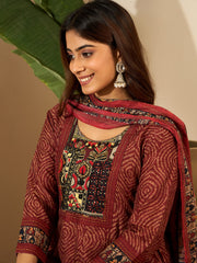 Women Bandhni Printed and Thread Embroidered Anarkali Kurta Set with Dupatta