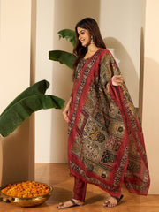 Women Bandhni Printed and Thread Embroidered Anarkali Kurta Set with Dupatta