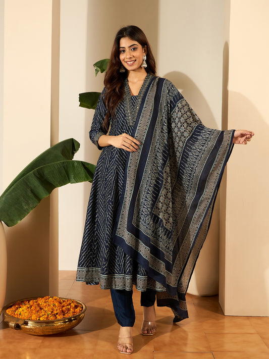 Bandhani Printed Anarakli Thread Work Kurta With Trousers & Dupatta