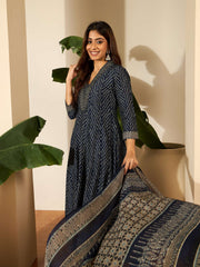 Bandhani Printed Anarakli Thread Work Kurta With Trousers & Dupatta