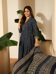 Bandhani Printed Anarakli Thread Work Kurta With Trousers & Dupatta