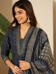 Bandhani Printed Anarakli Thread Work Kurta With Trousers & Dupatta