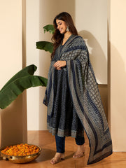 Bandhani Printed Anarakli Thread Work Kurta With Trousers & Dupatta