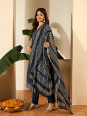 Bandhani Printed Anarakli Thread Work Kurta With Trousers & Dupatta