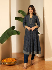 Bandhani Printed Anarakli Thread Work Kurta With Trousers & Dupatta