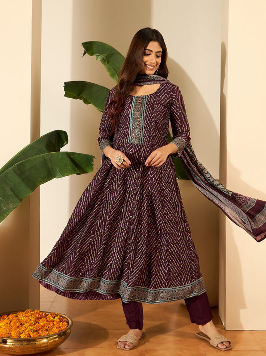 Bandhani Printed Anarkali Thread Work Kurta With Trousers & Dupatta