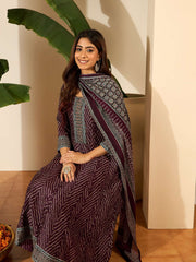 Bandhani Printed Anarkali Thread Work Kurta With Trousers & Dupatta