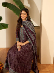 Bandhani Printed Anarkali Thread Work Kurta With Trousers & Dupatta