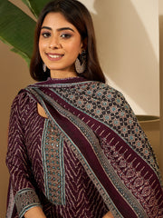 Bandhani Printed Anarkali Thread Work Kurta With Trousers & Dupatta