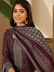 Bandhani Printed Anarkali Thread Work Kurta With Trousers & Dupatta