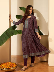Bandhani Printed Anarkali Thread Work Kurta With Trousers & Dupatta