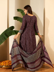 Bandhani Printed Anarkali Thread Work Kurta With Trousers & Dupatta
