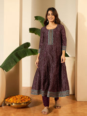 Bandhani Printed Anarkali Thread Work Kurta With Trousers & Dupatta