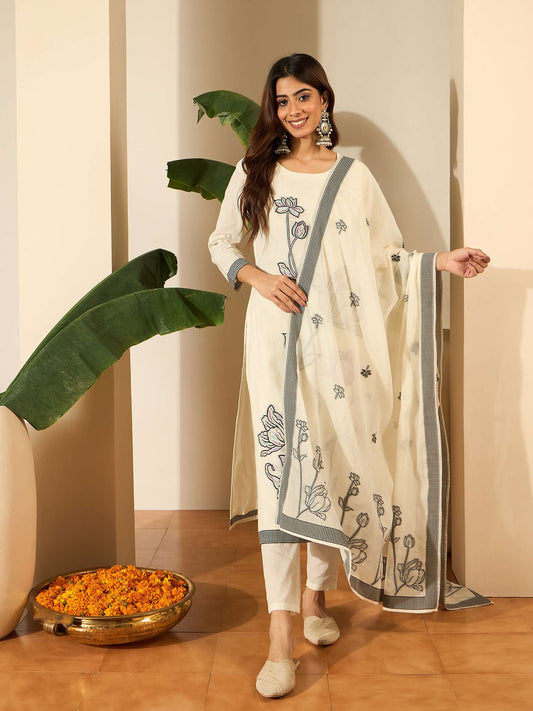 Women Floral Woven Design Regular Thread Work Kurta with Trousers & Dupatta