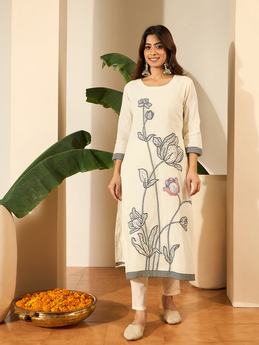 Women Floral Woven Design Regular Thread Work Kurta with Trousers & Dupatta