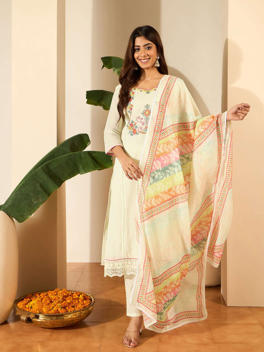Women Floral Embroidered Regular Thread Work Kurta with Trousers & With Dupatta