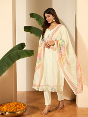 Women Floral Embroidered Regular Thread Work Kurta with Trousers & With Dupatta