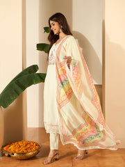 Women Floral Embroidered Regular Thread Work Kurta with Trousers & With Dupatta