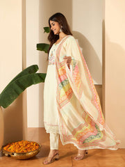 Women Floral Embroidered Regular Thread Work Kurta with Trousers & With Dupatta