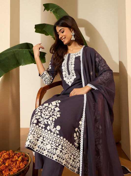 Women Ethnic Motifs Embroidered Thread Work Kurta Set With Trousers & Dupatta