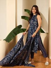 Women Floral Printed Halter Neck Linen Kurta with Trousers & Dupatta