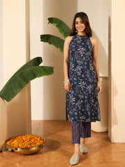 Women Floral Printed Halter Neck Linen Kurta with Trousers & Dupatta