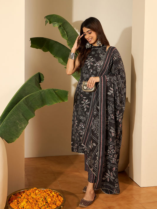 Floral Printed Round Neck Linen Kurta With Trousers & Dupatta
