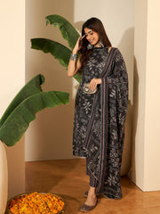 Floral Printed Round Neck Linen Kurta With Trousers & Dupatta