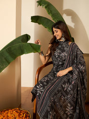 Floral Printed Round Neck Linen Kurta With Trousers & Dupatta