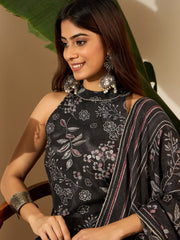 Floral Printed Round Neck Linen Kurta With Trousers & Dupatta