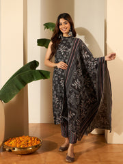 Floral Printed Round Neck Linen Kurta With Trousers & Dupatta