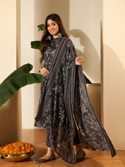 Floral Printed Round Neck Linen Kurta With Trousers & Dupatta
