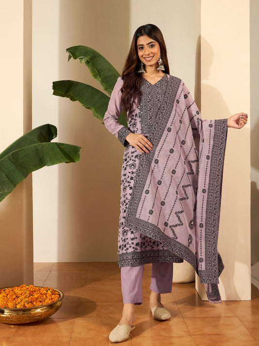 Floral Printed V-Neck Chanderi Cotton Straight Kurta & Trousers With Dupatta