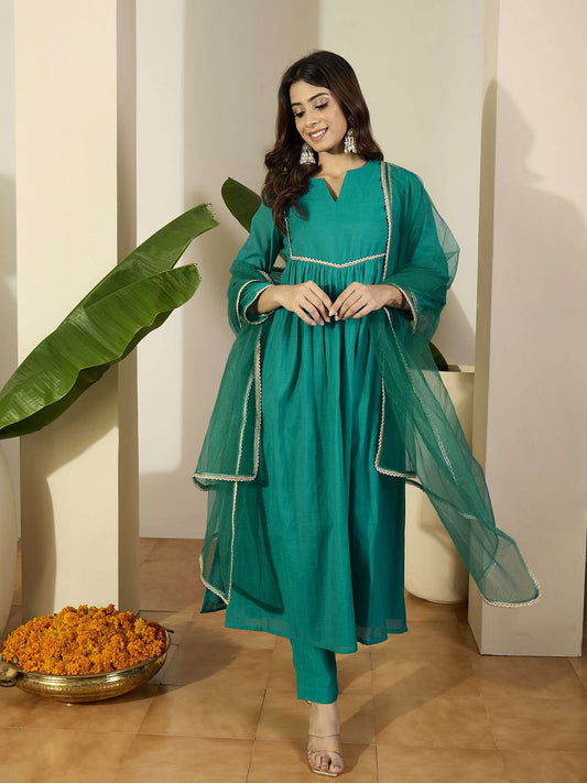Women Empire Gotta Patti Chanderi Cotton Kurta with Trousers & With Dupatta