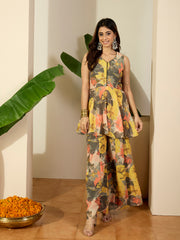 Women Floral Printed Tiered V-Neck Georgette A-Line Kurti with Palazzos