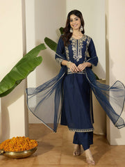 Ethnic Motifs Embroidered Thread Work Kurta With Trousers & Dupatta