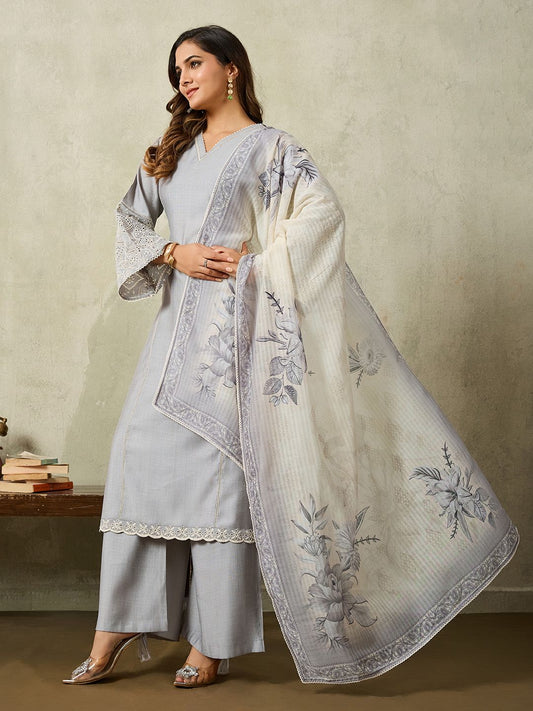 Women Floral Regular Thread Work Kurta & Palazzos With Dupatta