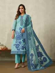 Floral Zari Woven Hand Embroidered V-Neck Kurta & Trousers With Dupatta